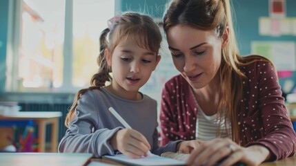 Obraz premium A woman is helping a young girl write in a notebook
