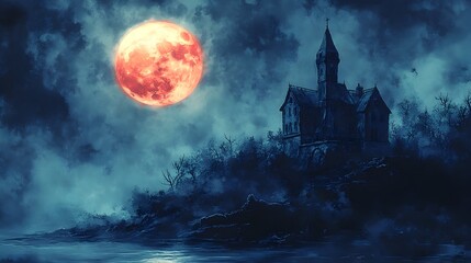 Haunted House on a Hill Under a Glowing Full Moon in a Dark,Eerie Atmosphere