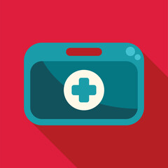 Obraz premium Blue first aid kit closed, lying flat, showing a white cross symbol, for medical emergencies