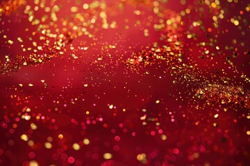 Glossy ruby red with sparkling gold confetti, vibrant celebration theme