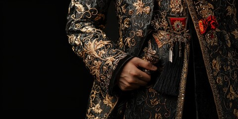 Close Up of Gold Embroidered Velvet Fabric with Black Background