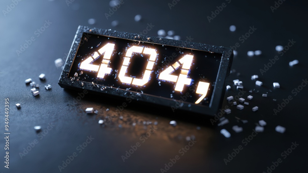 Poster a glowing 404 error sign with scattered digital debris on a dark surface, symbolizing a technical gl