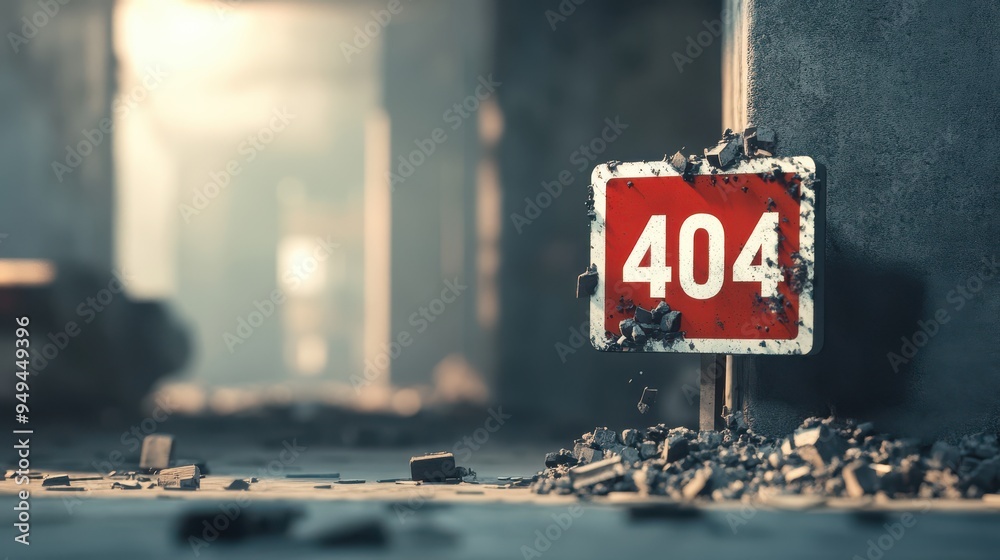 Poster a red 404 error sign surrounded by debris in an abandoned, dimly lit building, symbolizing digital f