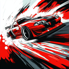 A red sports car is driving at high speed on an icy or snowy road. The car is drifting or cornering at high speed, causing ice particles to fly out.