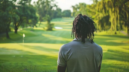 Fototapeta premium A man with dreadlocks stands on a golf course, looking out over the green grass