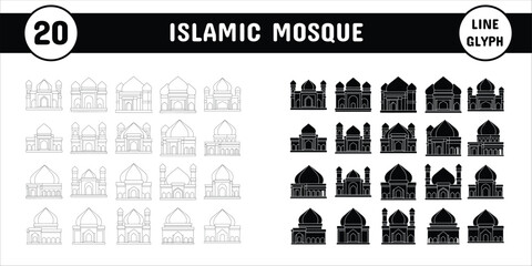 Islamic Mosque Line Glyph Vector Illustration Icon Sticker Set Design Materials