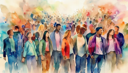 Obraz premium Diverse crowd of people, abstract art style, watercolor illustration
