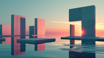 A city skyline with a large building in the middle with a sun setting behind it