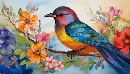 Fototapeta premium Colorful watercolor gouache bird painting on silk 