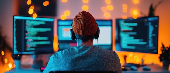 Programmer integrating API with website on a dual monitor setup, efficient web development process, advanced coding