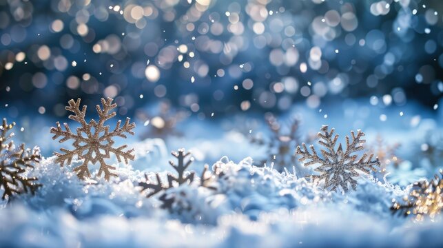 Glittering snowflakes falling gently over a festive scene, full empty copy space for text.