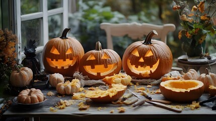 A cheerful setting with pumpkins in various stages of carving while tools and finished jack-o-lanterns are spread across the table