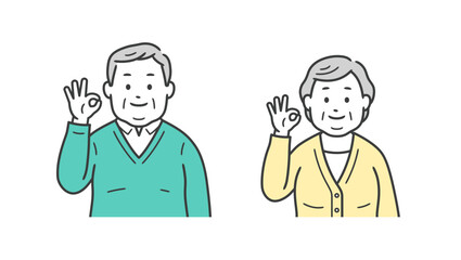 OKポーズをする高齢者小太り男女の上半身イラスト