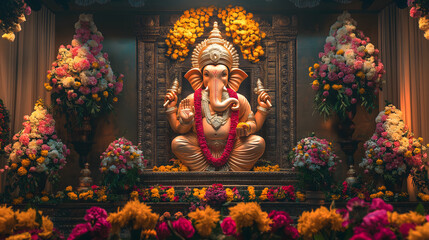 Fototapeta premium A Lord Ganesha for Ganesh Chaturthi, ganesha statue in the temple wallpaper,Ganesh Chaturthi festival