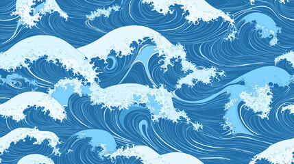A seamless pattern of blue waves, a flat illustration technique with line art, wave background