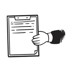 Hand Holding Clipboard Illustration. Vector black and white drawing cartoon style.