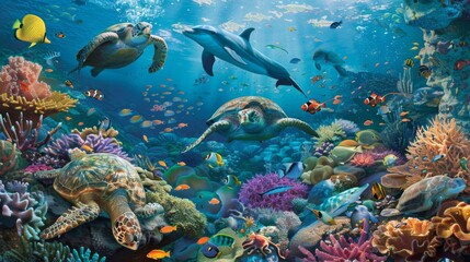 Fototapeta premium Colorful coral reef teeming with fish in a tropical ocean