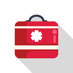 Red first aid kit closed with a white medical symbol, containing emergency medical supplies