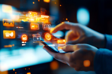 A person using a budget management app that integrates contactless payments, holographic security icons glowing, Futuristic, Soft blue tones, Digital Illustration