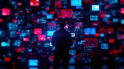 Individual standing in a sea of floating digital screens with overlapping social media feeds and news articles, signifying the drowning sensation of information overload