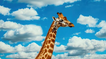 A giraffe s long neck reaching high into the sky, set against a dramatic backdrop of cumulus clouds in the savannah