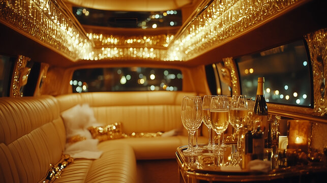 Luxurious interior of a limousine with golden decor and champagne glasses