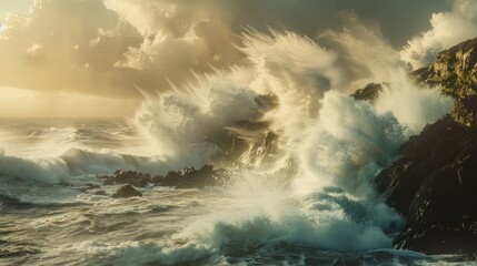 Fototapeta premium Severe tropical storm impacting a wild coastal area with enormous waves smashing onto the land, launching frothy water plumes high into the air, while strong winds violently blow spray away.