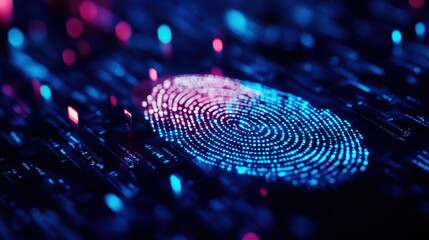 Holographic fingerprint surrounded by encrypted data patterns, symbolizing identity protection and data privacy in AI technology