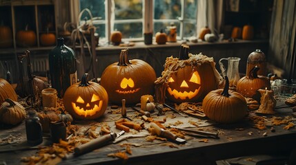 A lively autumn gathering with pumpkins in various stages of carving while tools and jack-o-lanterns cover the table