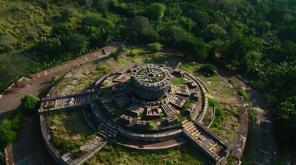 Fototapeta premium Aerial view of ancient Indian observatory intricate stone carving observatory surrounded lush landscape focus large astrolabe used celestial observation sky clear showcasing alignment of star