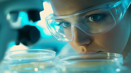  A close-up of a scientist wearing protective goggles, intently examining samples in petri dishes under a microscope. The image captures the precision and dedication involved in scientific research, h