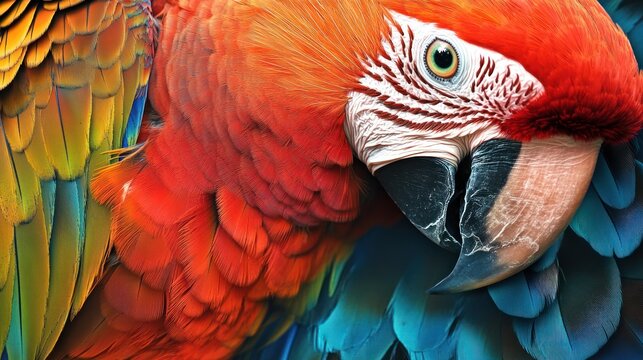 a vibrant parrot's feathers and beak, capturing the vivid colors and textures 