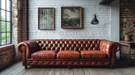 Brown Leather Chesterfield Sofa in a Loft Interior