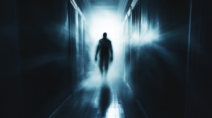 Mysterious Silhouette Walking Towards Bright Light in Dark Hallway - Supernatural Concept.