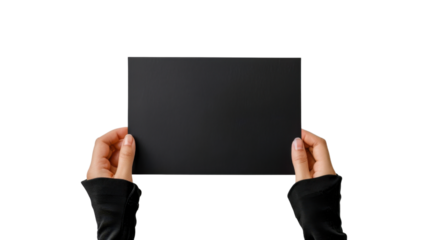 Hands holding empty black certificate mock-up isolated on white background