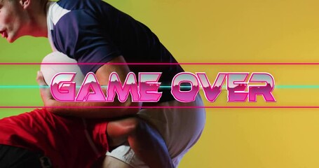 Game Over text animation over two athletes wrestling on yellow background