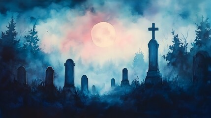 Haunting Moonlit Graveyard Scenery with Tombstones and Fog