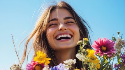 Naklejka premium A young woman laughing joyfully while holding a bouquet 