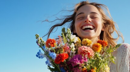 Naklejka premium A young woman laughing joyfully while holding a bouquet 