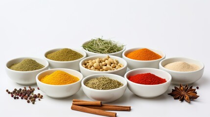 Assorted spices and herbs in small bowls on a white background