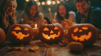 A fun and cheerful scene of friends carving pumpkins with intricate designs while finished jack-o-lanterns add to the festive atmosphere