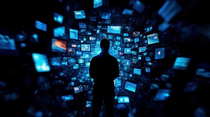 Fototapeta premium Individual standing in a sea of floating digital screens with overlapping social media feeds and news articles, signifying the drowning sensation of information overload