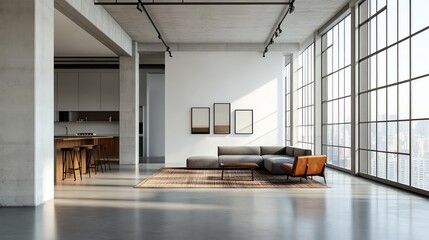 Modern spacious loft apartment with large windows, stylish furniture, and minimalistic decor in an open floor plan design.