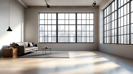 Modern spacious loft apartment with large windows, minimalistic furniture, and city view. Bright natural light fills the clean, open space.