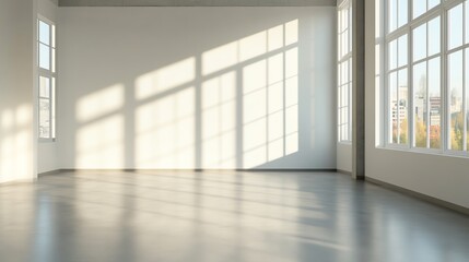 Fototapeta premium Spacious empty room with large windows casting soft natural light and shadows on the floor. Ideal for interior design, architecture, or real estate projects.