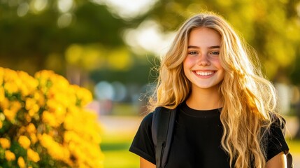 Naklejka premium Blonde high school student, smiling confidently with her backpack on, looking directly into the camera with a friendly expression