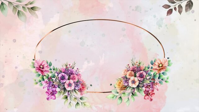 Wedding flower watercolor golden ring frame composition with floral background seamless loop animation