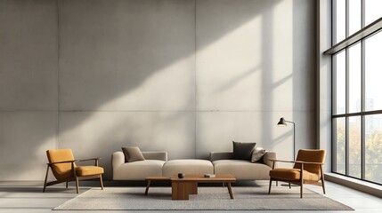 Modern minimalist living room with large windows, stylish furniture, and natural light creating a serene and comfortable atmosphere.