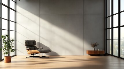 Modern minimalist living room with large windows, featuring a stylish lounge chair, wooden floor, and decorative plant for contemporary design.