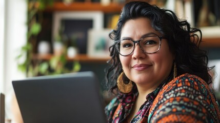 Chubby woman working on a laptop at a stylish home office,
